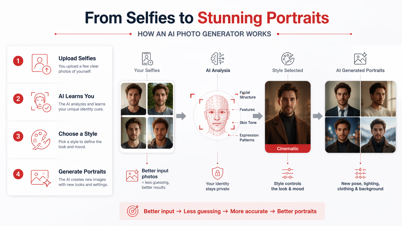 Illustration for How does an AI photo generator turn selfies into portraits?