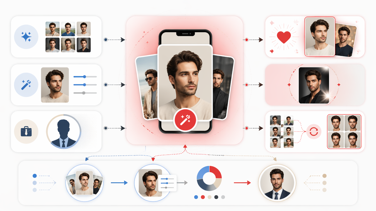 Infographic showing how different AI photo apps help improve portraits, including realistic photo generation, retouching, headshots, dating photos, glamour shots, and face training.