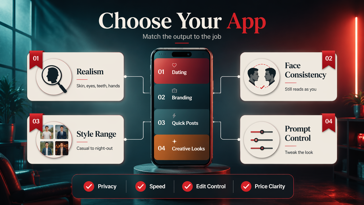 Checklist infographic for choosing an AI photo app by realism, consistency, style, and control.