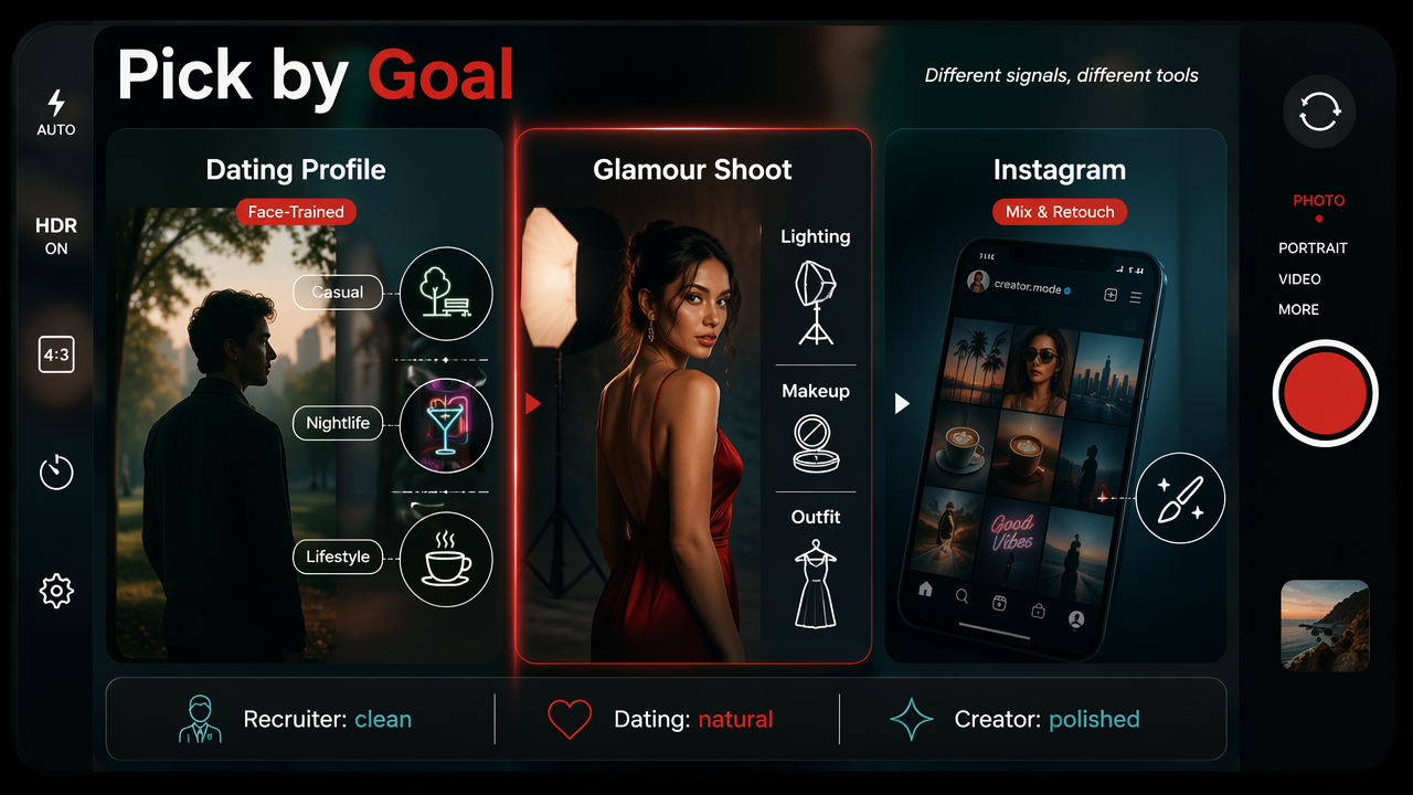 Goal-based diagram showing which AI photo app to use for dating, glamour, and Instagram photos.