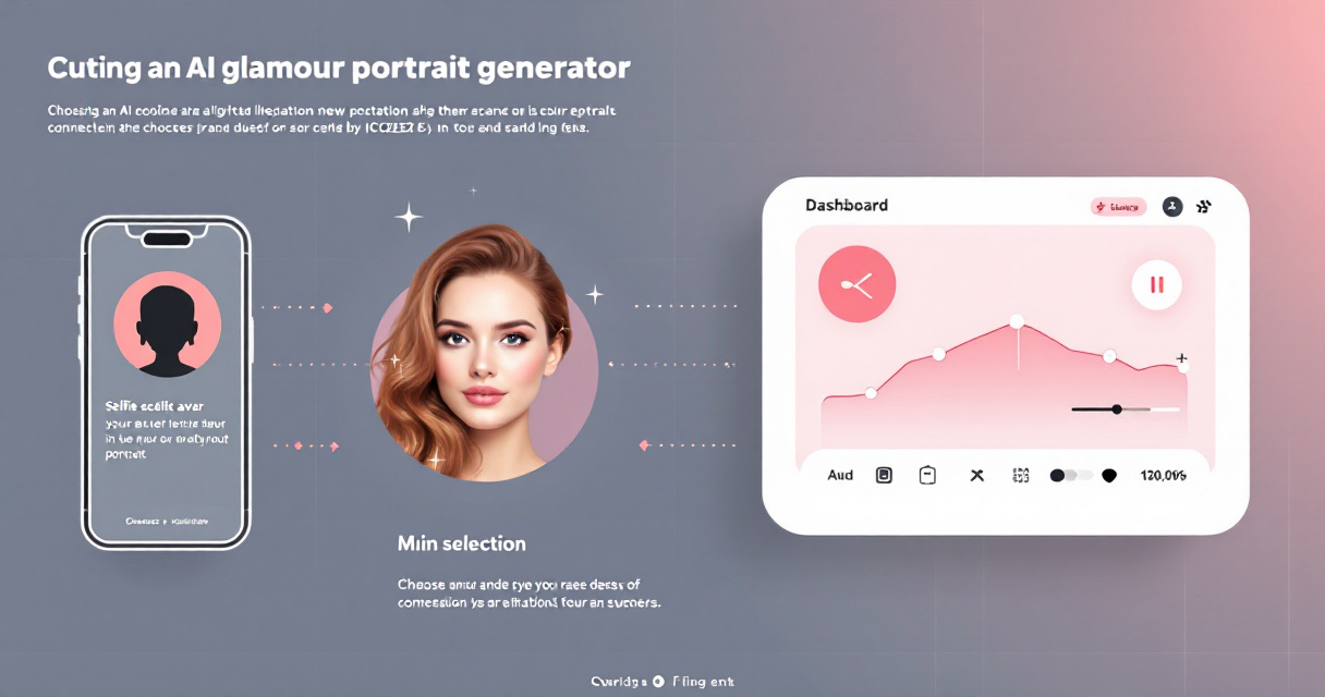 Infographic showing selfies transformed by an AI glamour portrait generator into polished lifestyle, dating, model-style, and editorial portraits.