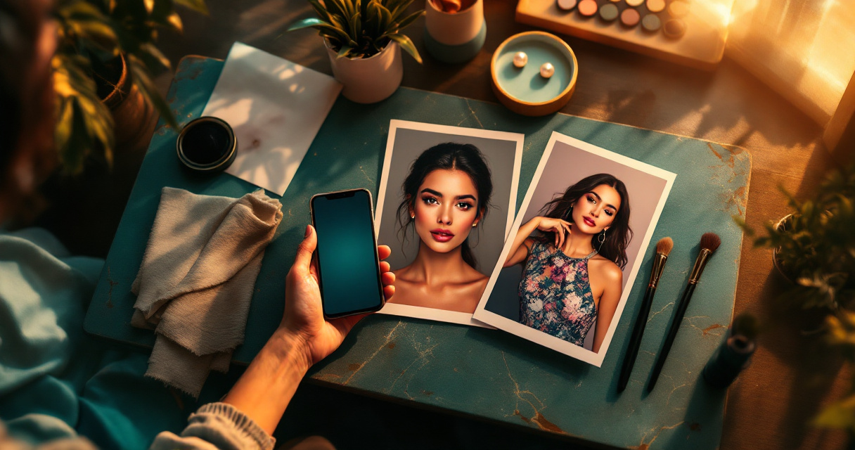 Studio desk comparing AI glamour portrait styles from one selfie