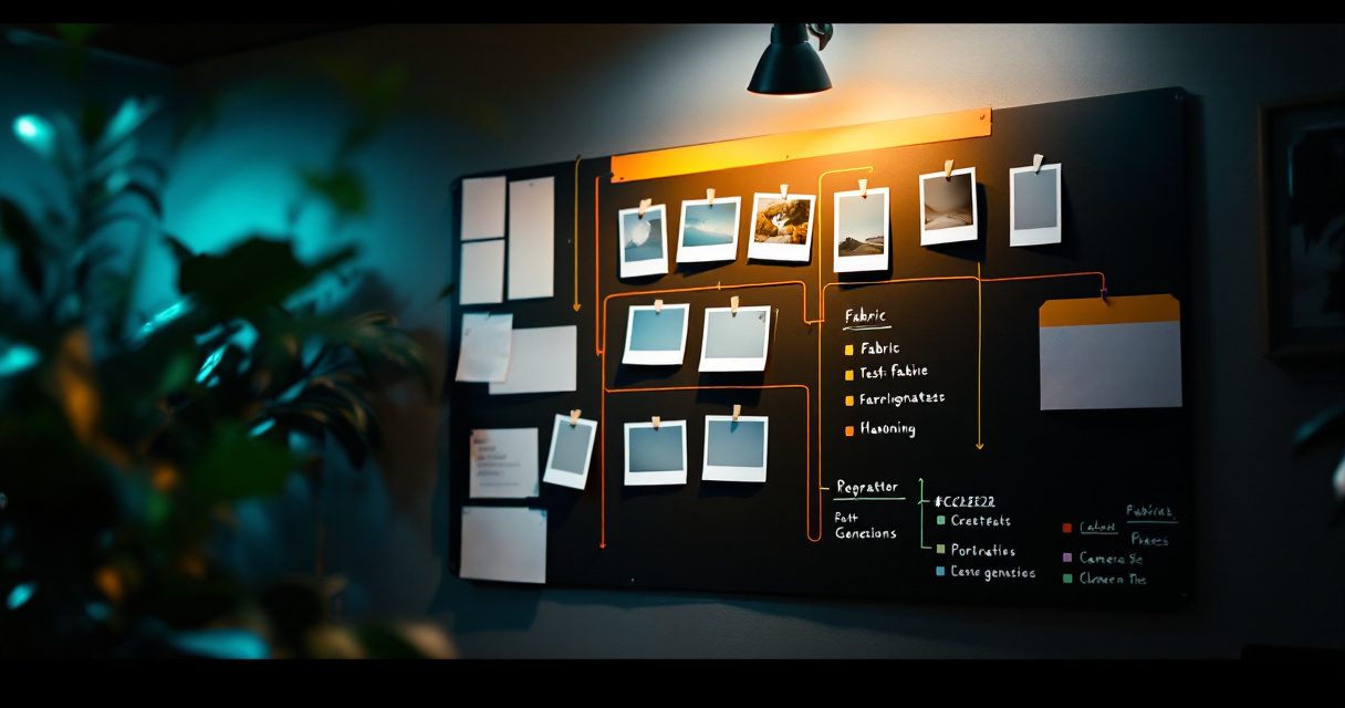 Visual planning wall organizing AI glamour portrait generator sections