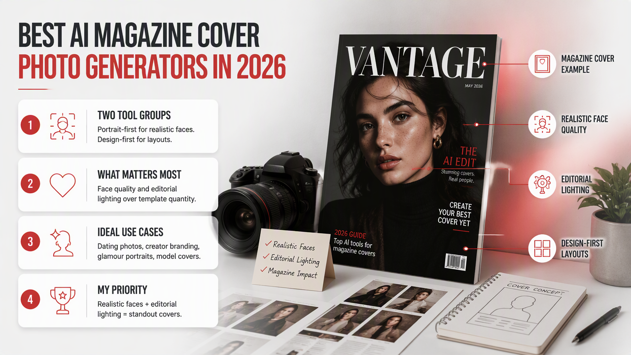 Illustration for The best AI magazine cover photo generators in 2026