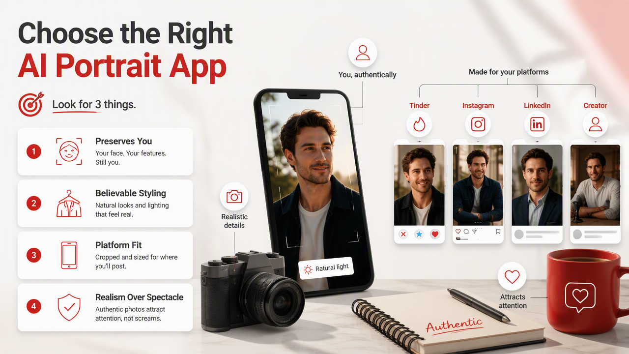 Illustration for How should you choose an AI portrait app for dating and social profiles?