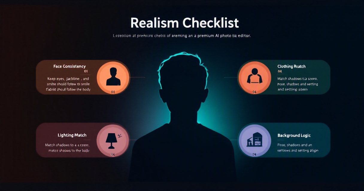 Checklist diagram showing the key features for realistic AI outfit and background edits.