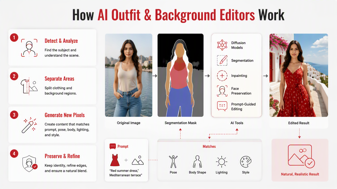 Illustration for How do AI outfit and background editors work?