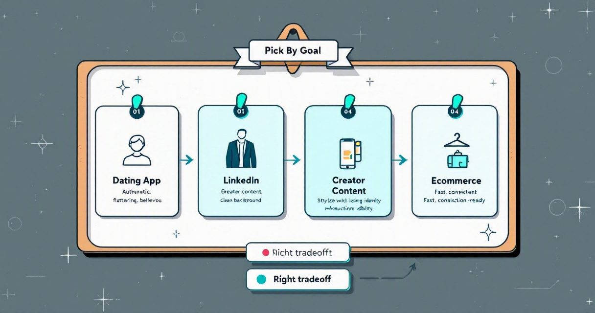 Annotated workflow diagram showing how to choose an AI editor based on the final photo’s purpose.