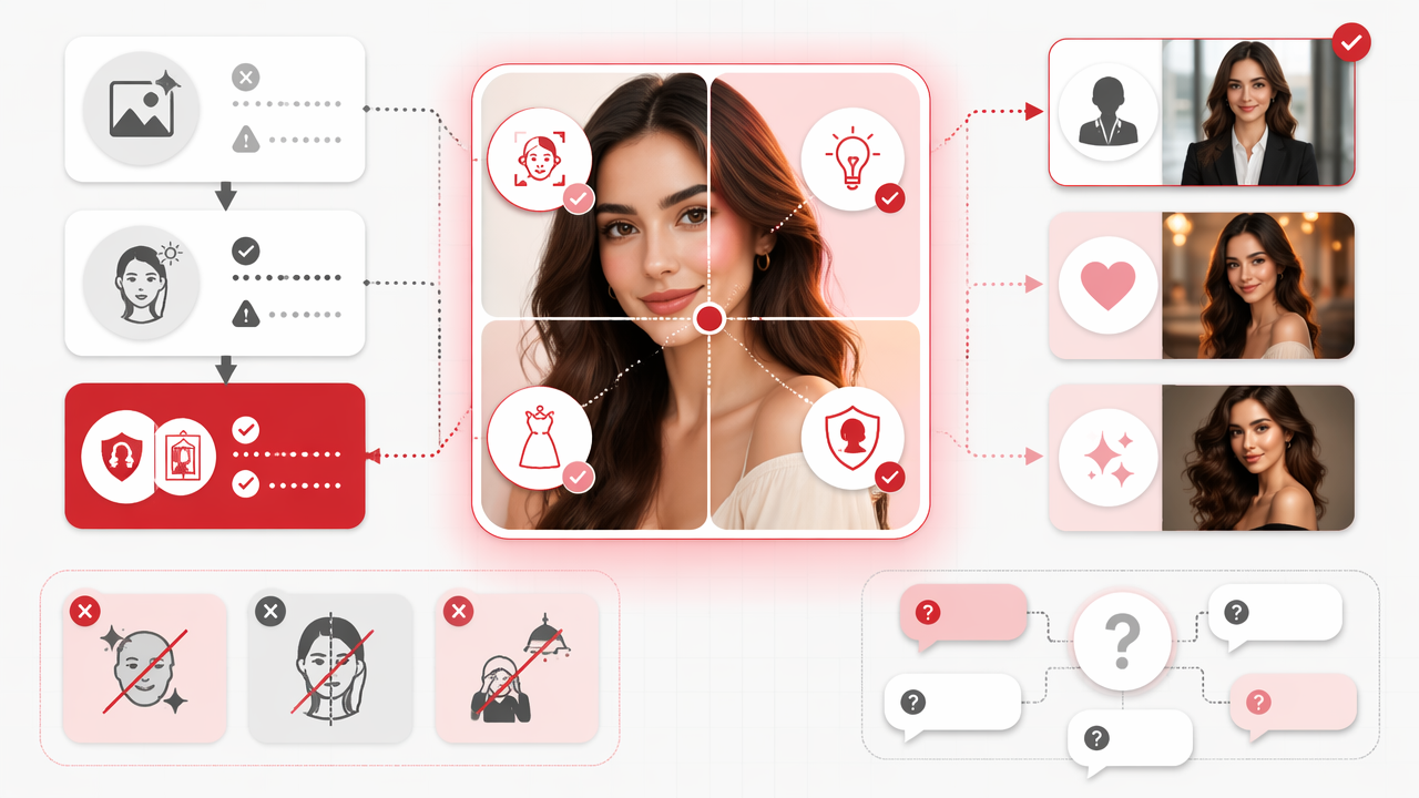 Infographic comparing key factors, styles, and mistakes for choosing the best AI photo generator for women.