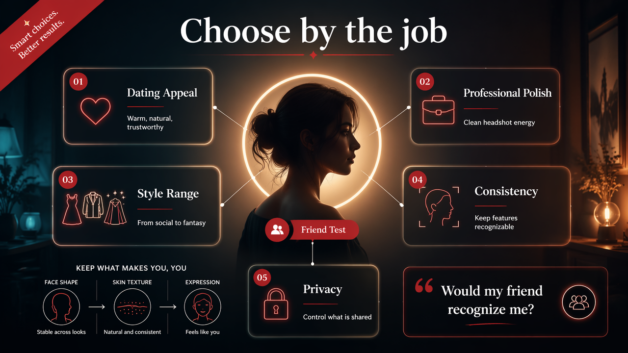 Infographic showing how women should choose an AI photo generator by use case and consistency.
