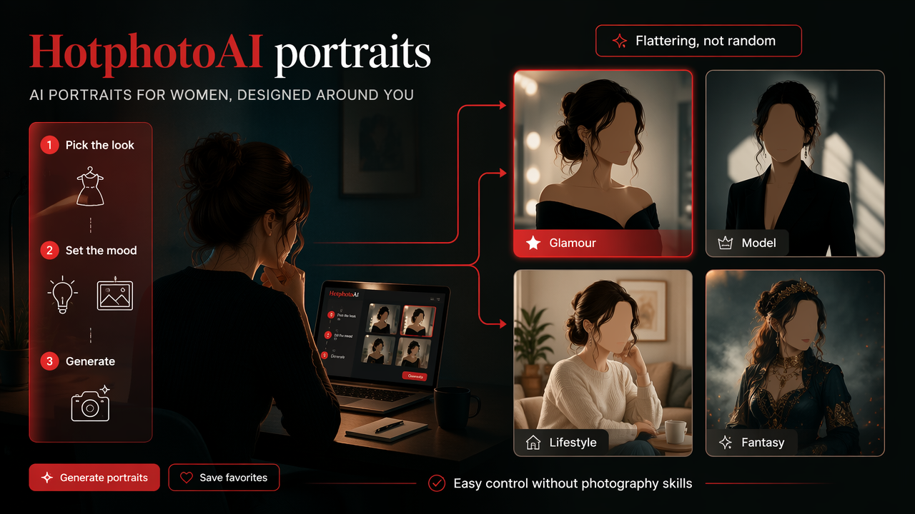 Annotated workflow showing HotphotoAI for flattering women’s AI portraits with style options and easy controls.