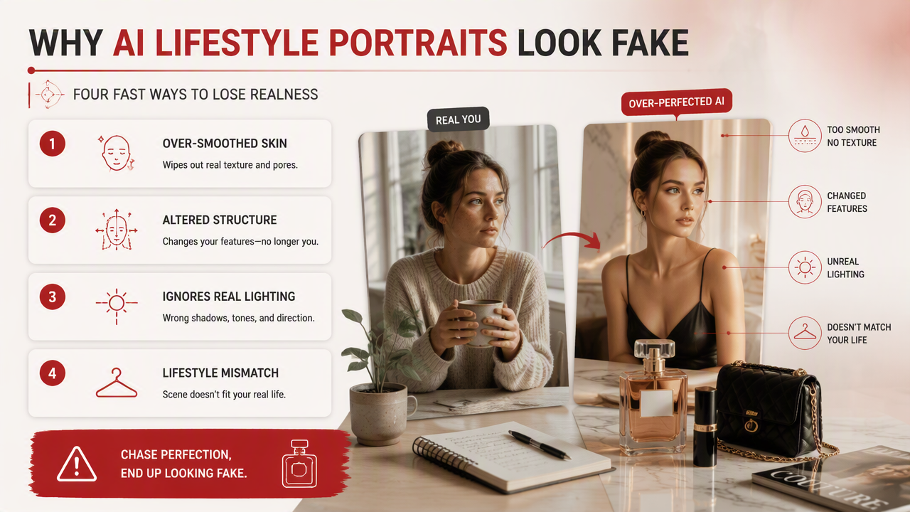 Illustration for What mistakes make AI lifestyle portraits look fake?