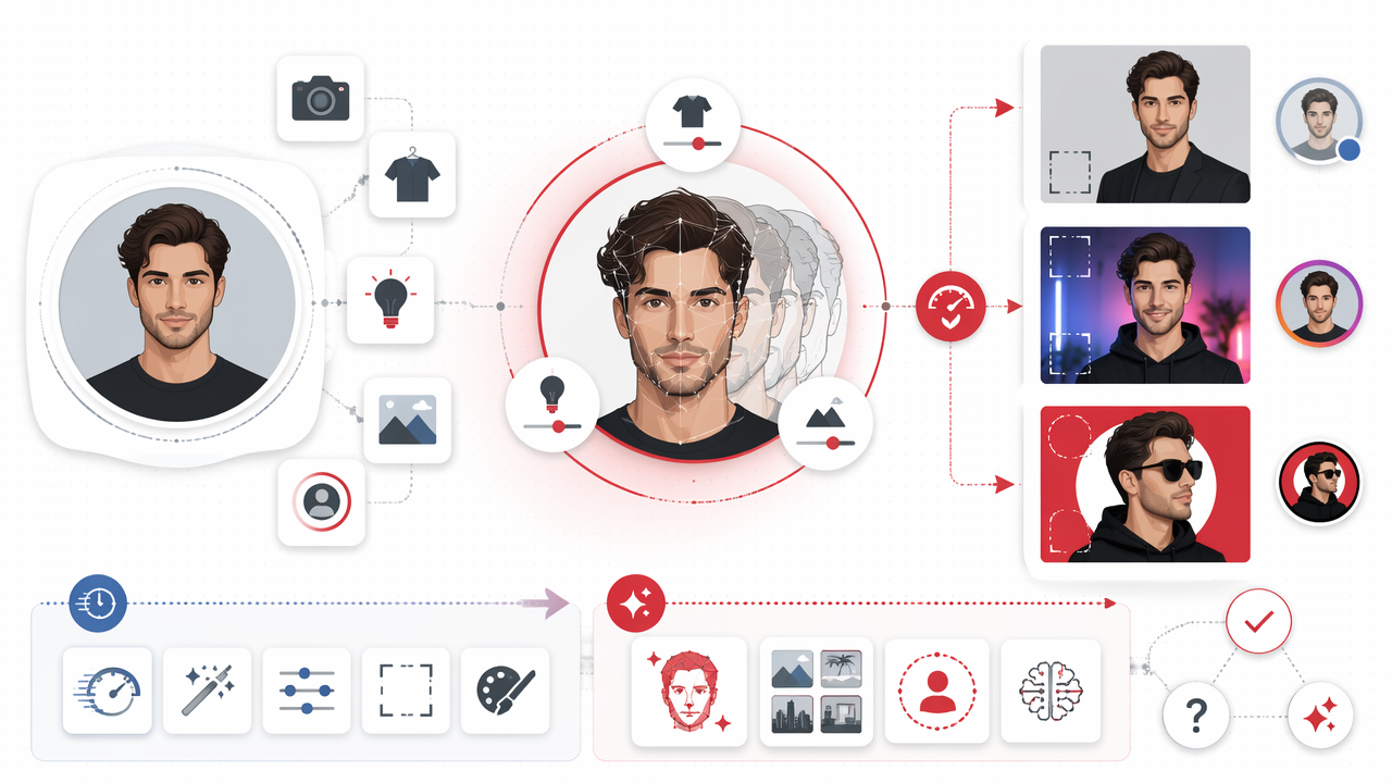 Infographic showing an AI portrait generator workflow for social media creators, from inputs and face consistency to platform-ready portrait outputs and future trends.