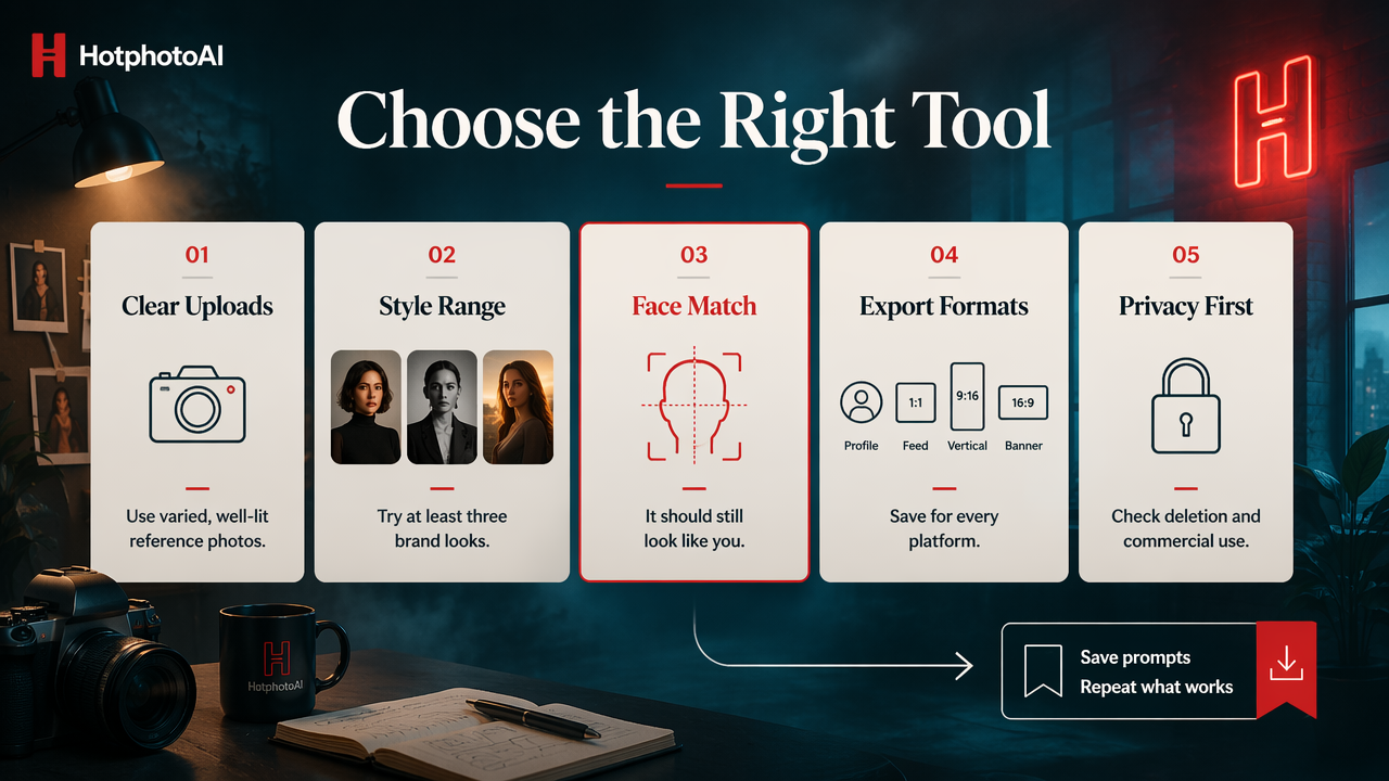 Infographic showing how creators evaluate AI portrait tools for accuracy, style, exports, and privacy.