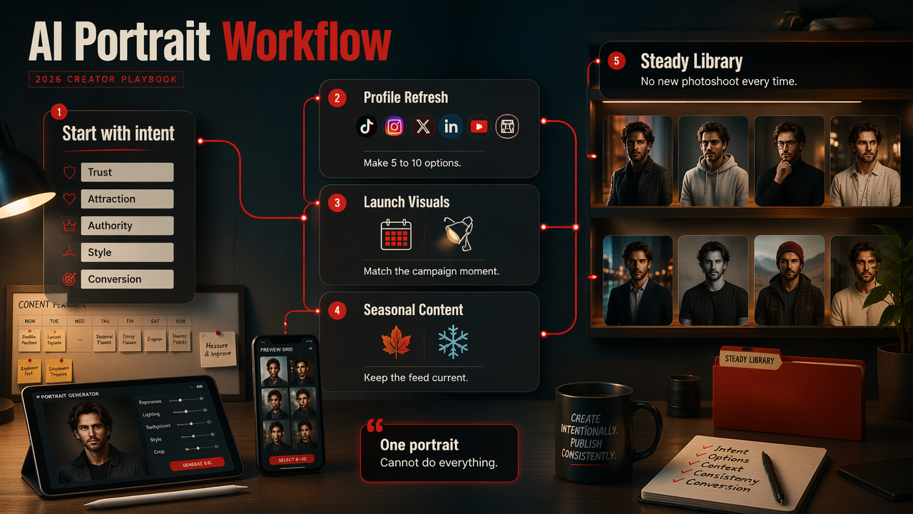 Annotated workflow diagram showing how creators use AI portraits for profiles, launches, seasons, and content libraries.