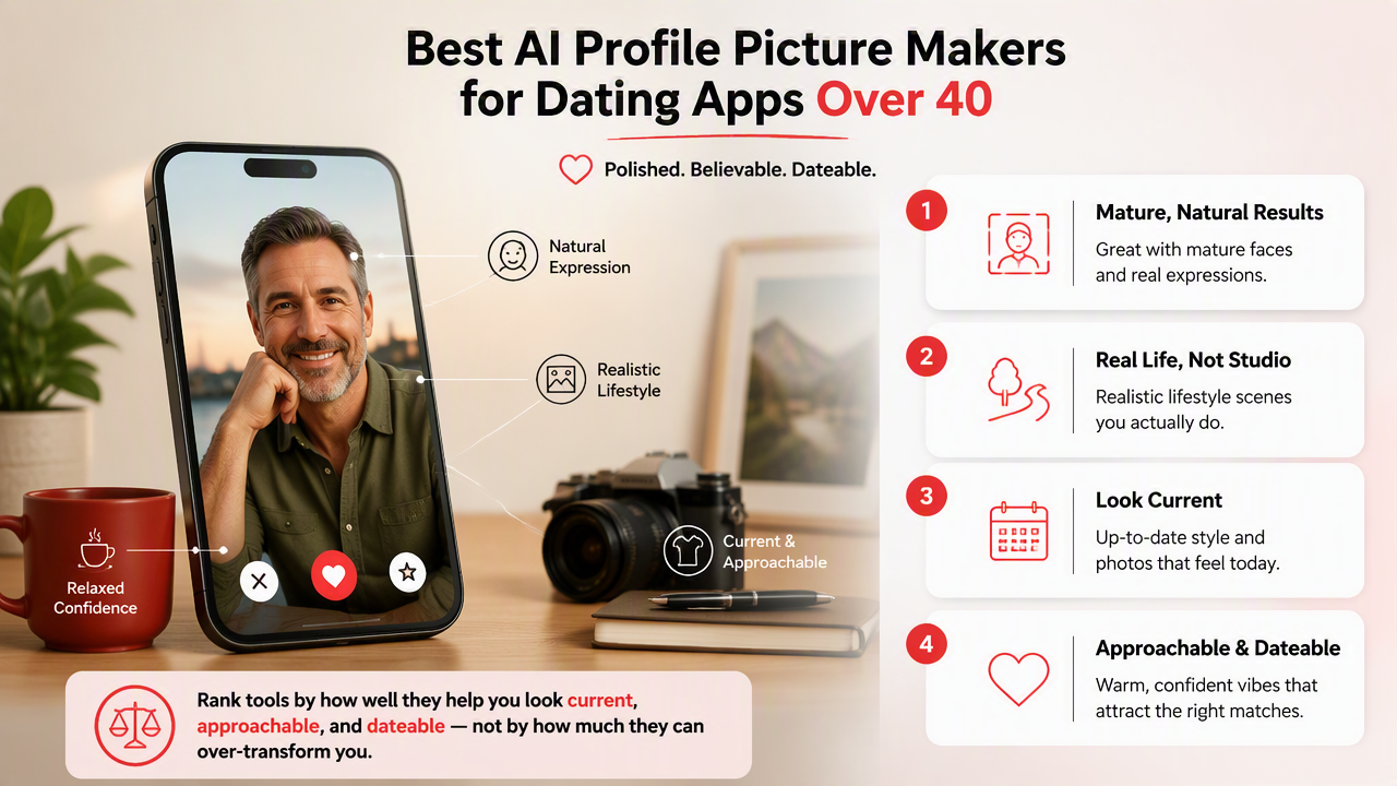 Illustration for Best AI profile picture makers for dating apps over 40