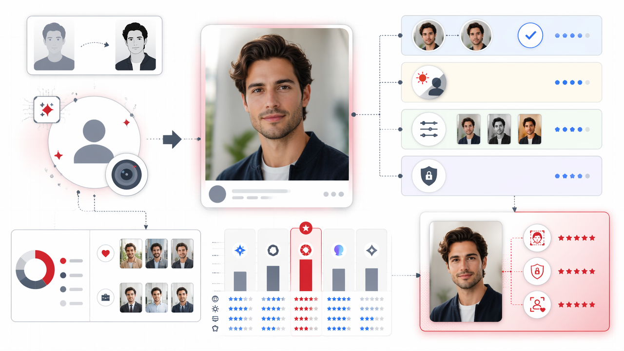 Infographic showing how to choose an AI selfie generator for realistic profile photos, with face consistency, lighting, style control, privacy, and a highlighted HotphotoAI section.