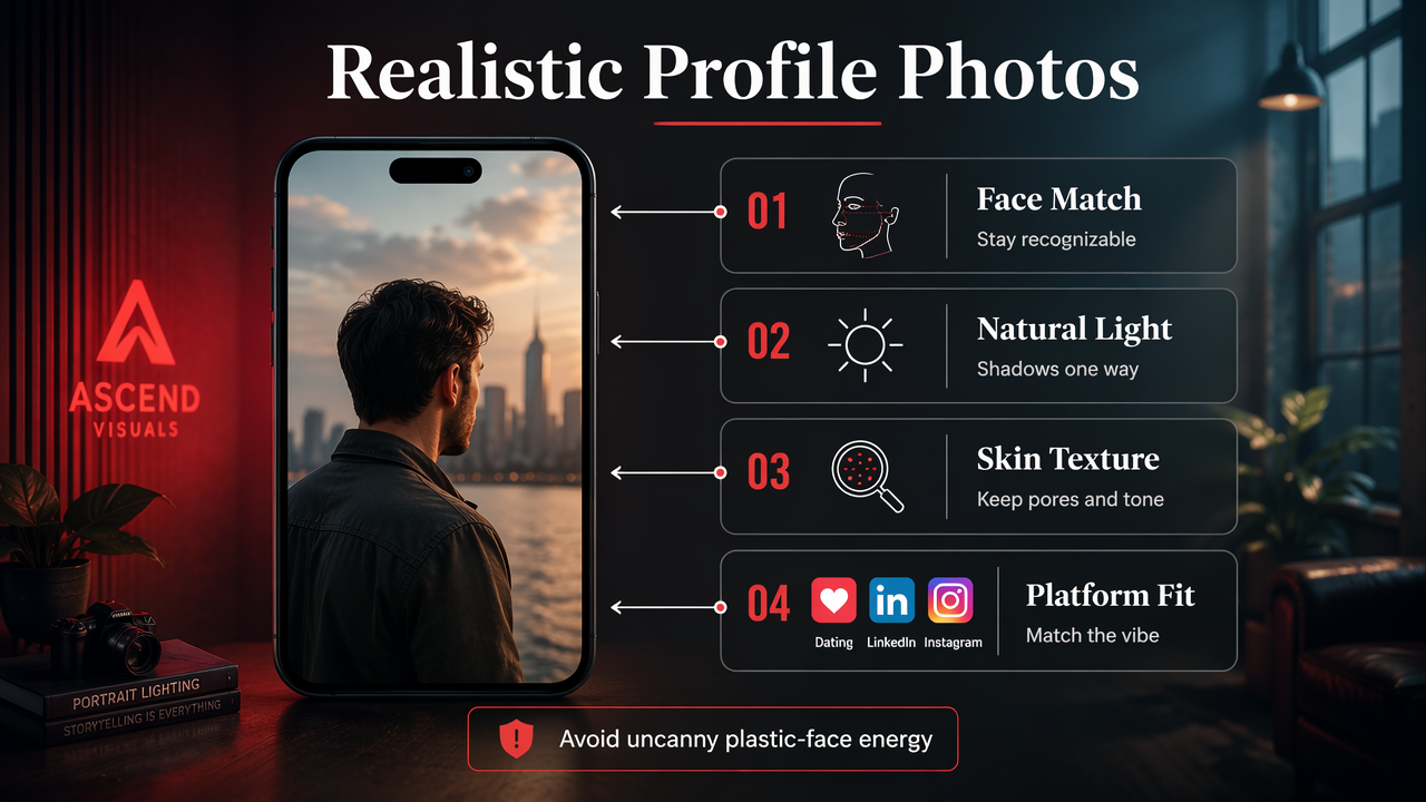 Infographic checklist for judging realistic AI profile photos by face match, lighting, texture, and platform fit.