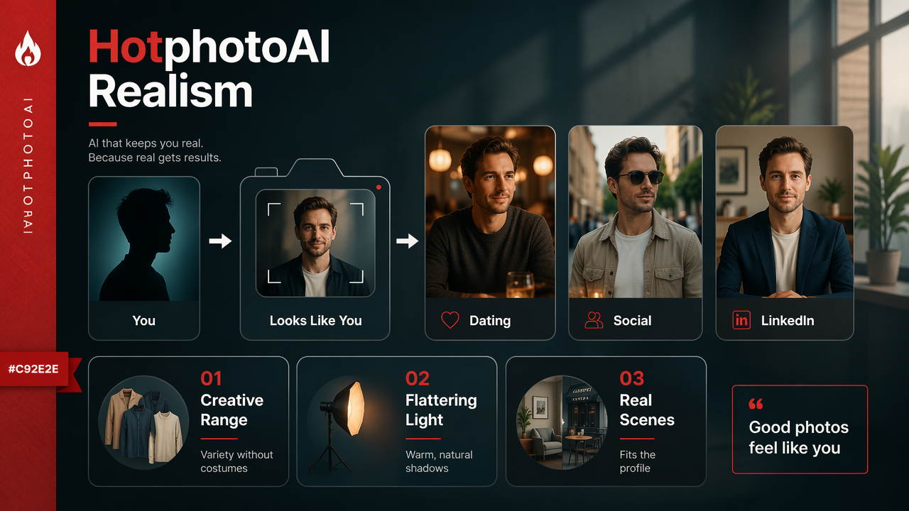 Diagram of HotphotoAI’s profile-photo workflow showing realistic looks, flattering light, and profile-specific scenes.