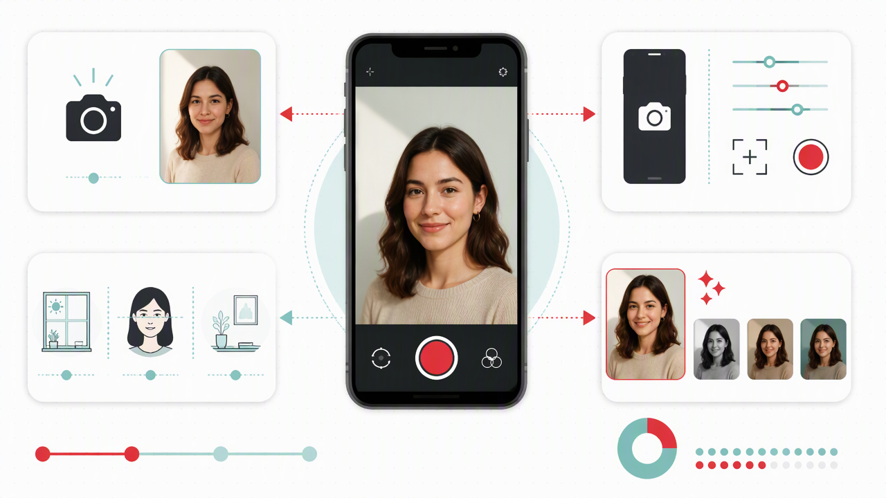 Infographic comparing phone cameras, Open Camera, AI portraits, and practical tips for better profile photos.