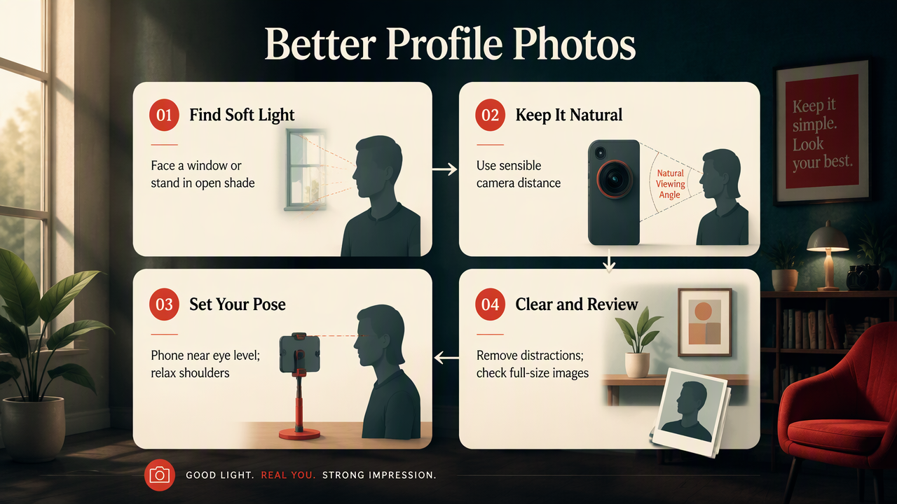 Four-step profile photo guide showing soft light, natural camera distance, relaxed pose, and careful image review.