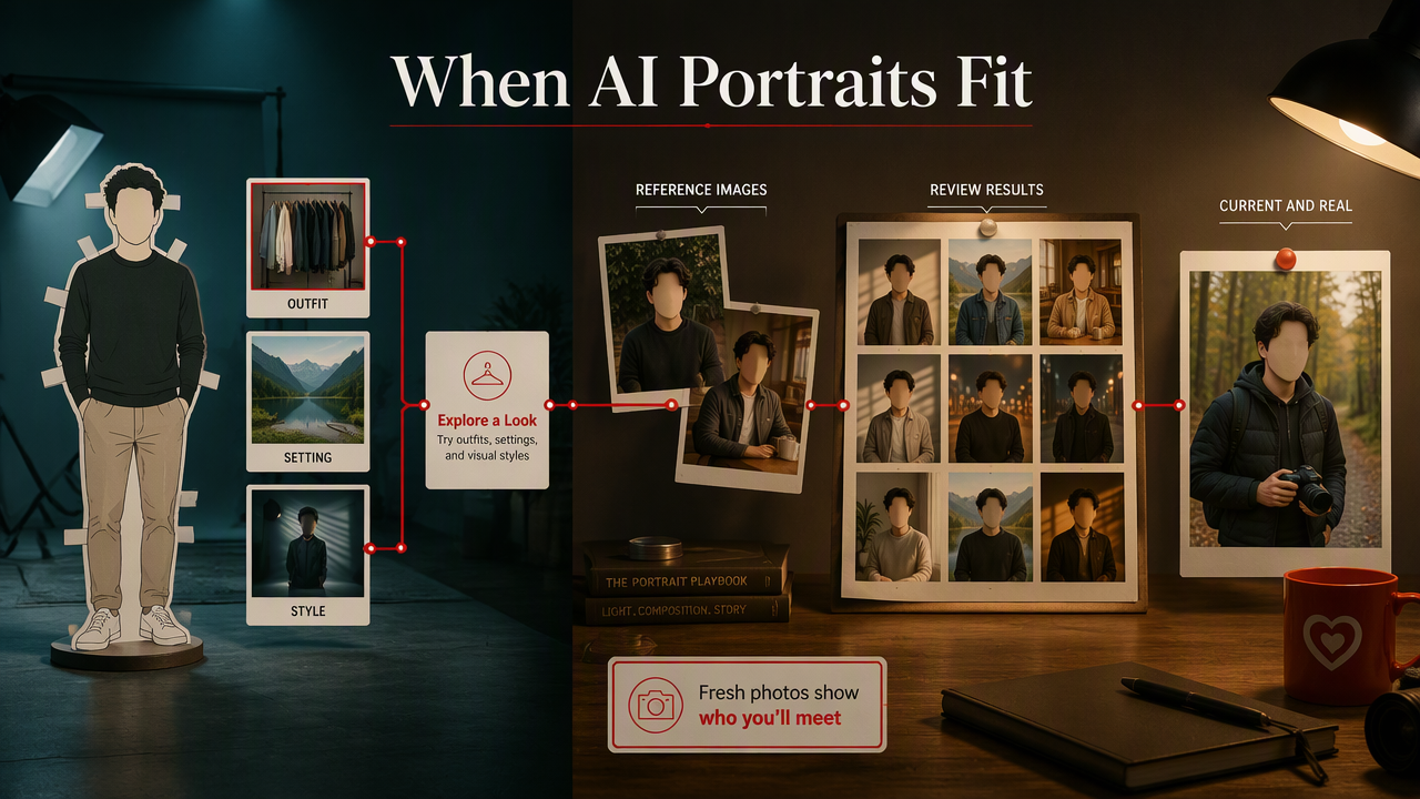 AI portrait decision board contrasts exploring styled concepts with fresh photos that show current appearance and real interests.