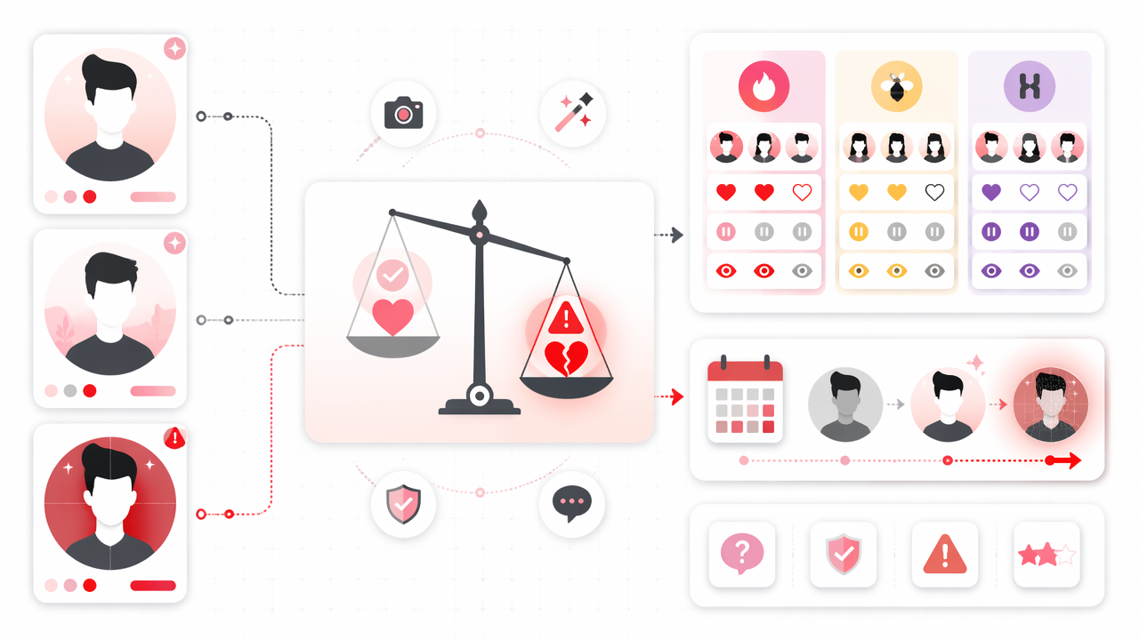 Infographic showing the spectrum of AI dating photos from acceptable enhancement to misleading deception, with app comparisons, trust signals, and future changes.