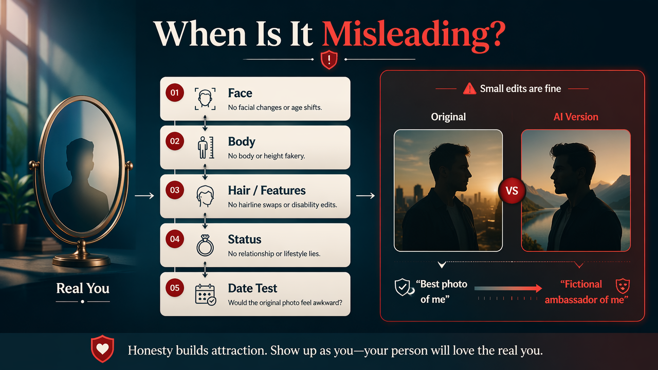 Infographic showing when AI dating photos become misleading and deceptive.