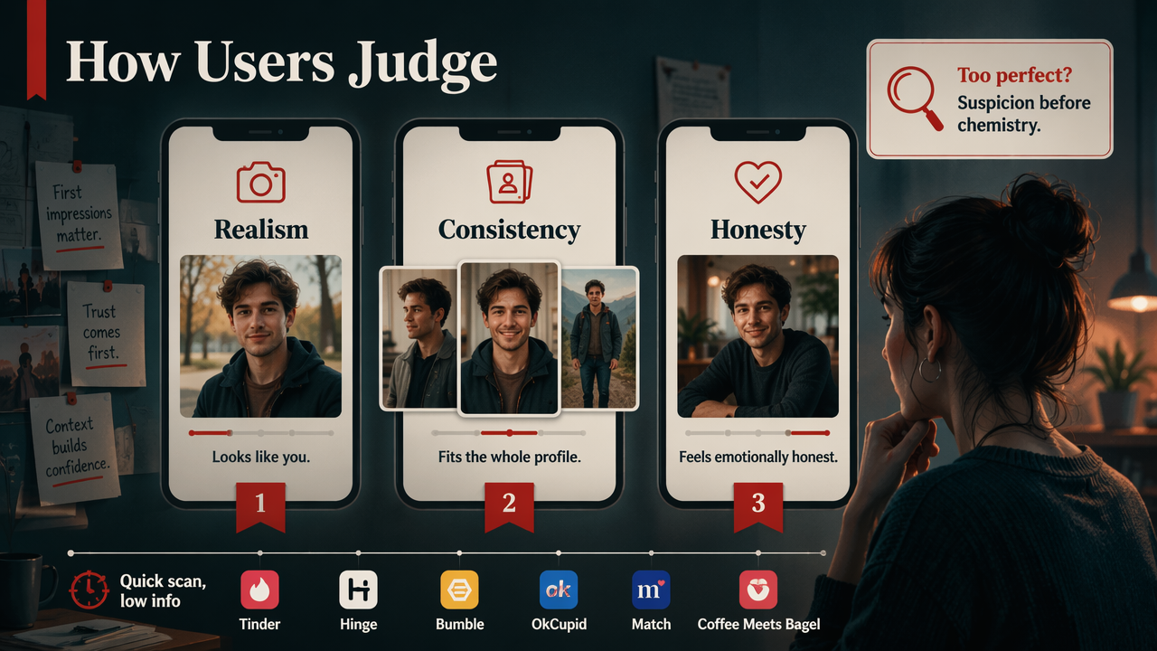 Diagram of how dating app users evaluate AI photos by realism, consistency, and honesty.