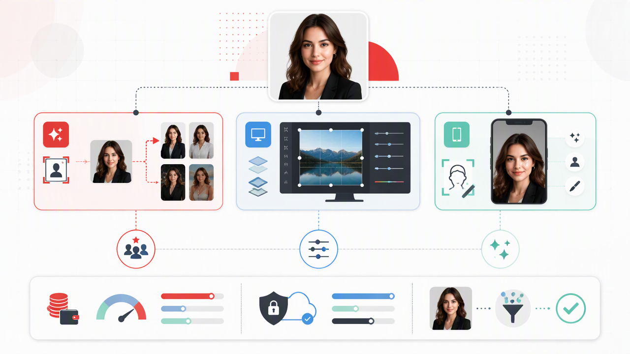 A visual guide comparing AI portrait generators, desktop photo editors, and retouching apps, with cost, privacy, and trial considerations.
