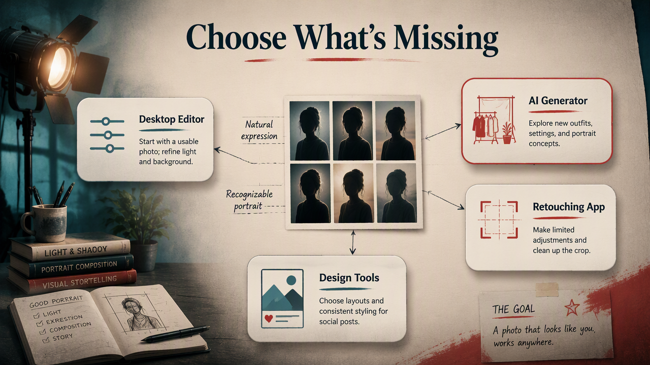 Infographic comparing photo editors, portrait generators, retouching apps, and design tools for profile photos.