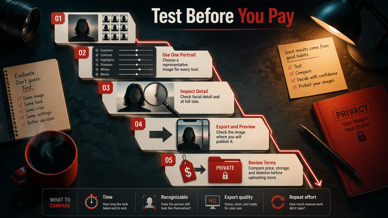 Five-step portrait software test workflow covering image quality, export, pricing, storage, and deletion terms.