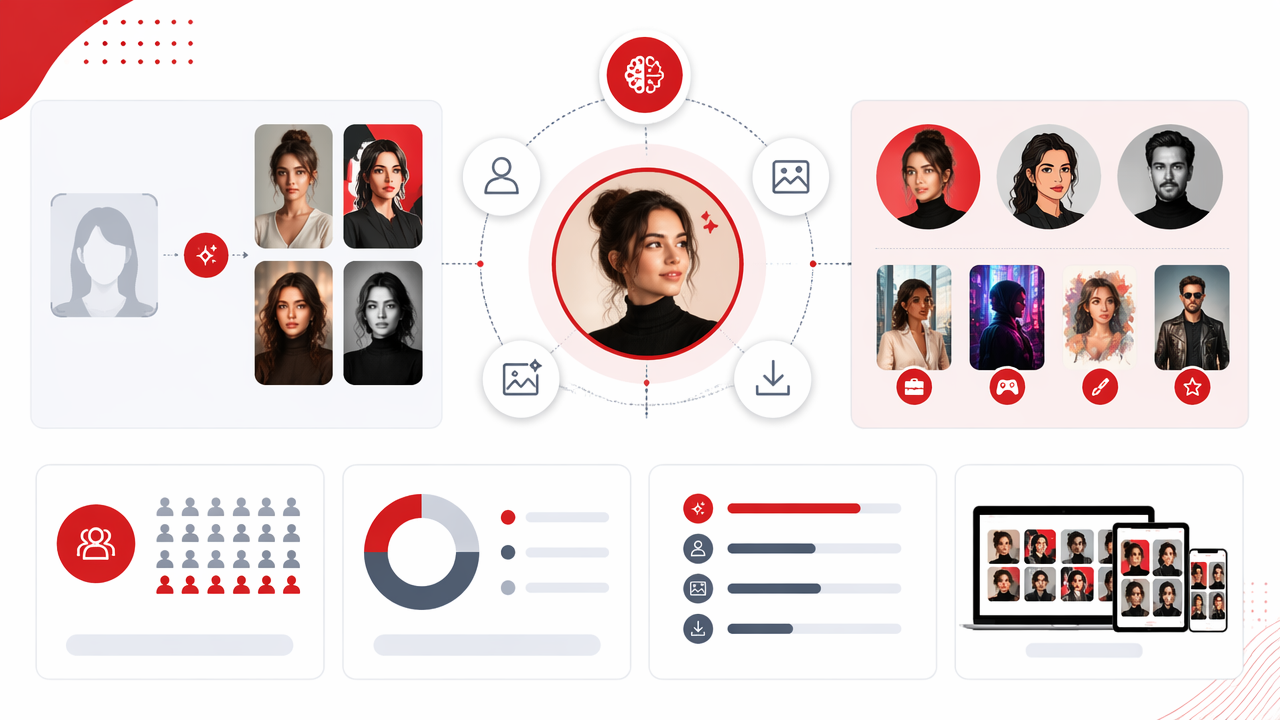 Infographic summarizing key insights about Custom AI Photo Products: A 2026 Guide to AI Portraits, Profile Photos, and Stylized Image Packs