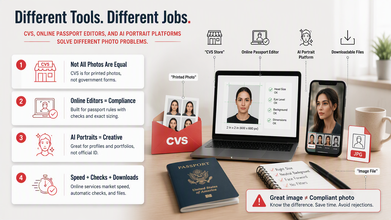 Illustration for How do CVS, online editors, and AI portrait tools differ?