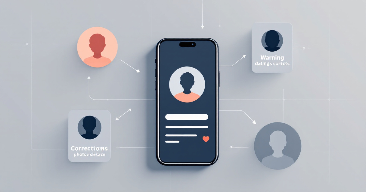 Infographic showing common dating profile photo mistakes around a phone profile and visual fixes for clearer, more trustworthy photos.