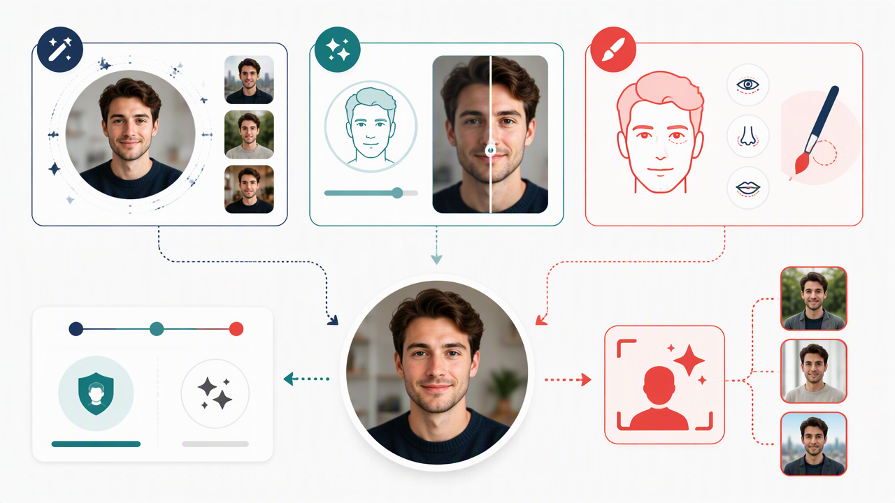 Diagram comparing AI portrait generation, selfie enhancement, and light retouching, with natural facial accuracy emphasized for profile photos.