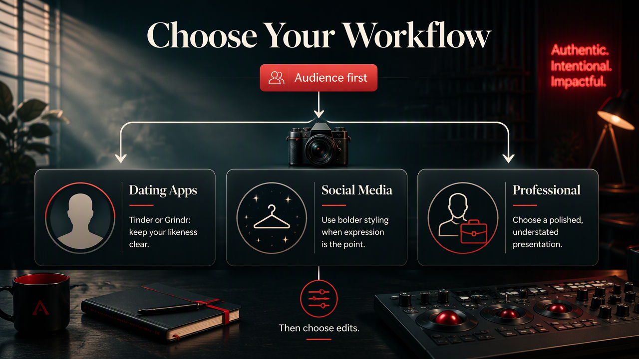 Three profile photo workflows compare recognizable dating portraits, creative social styling, and restrained professional presentation.