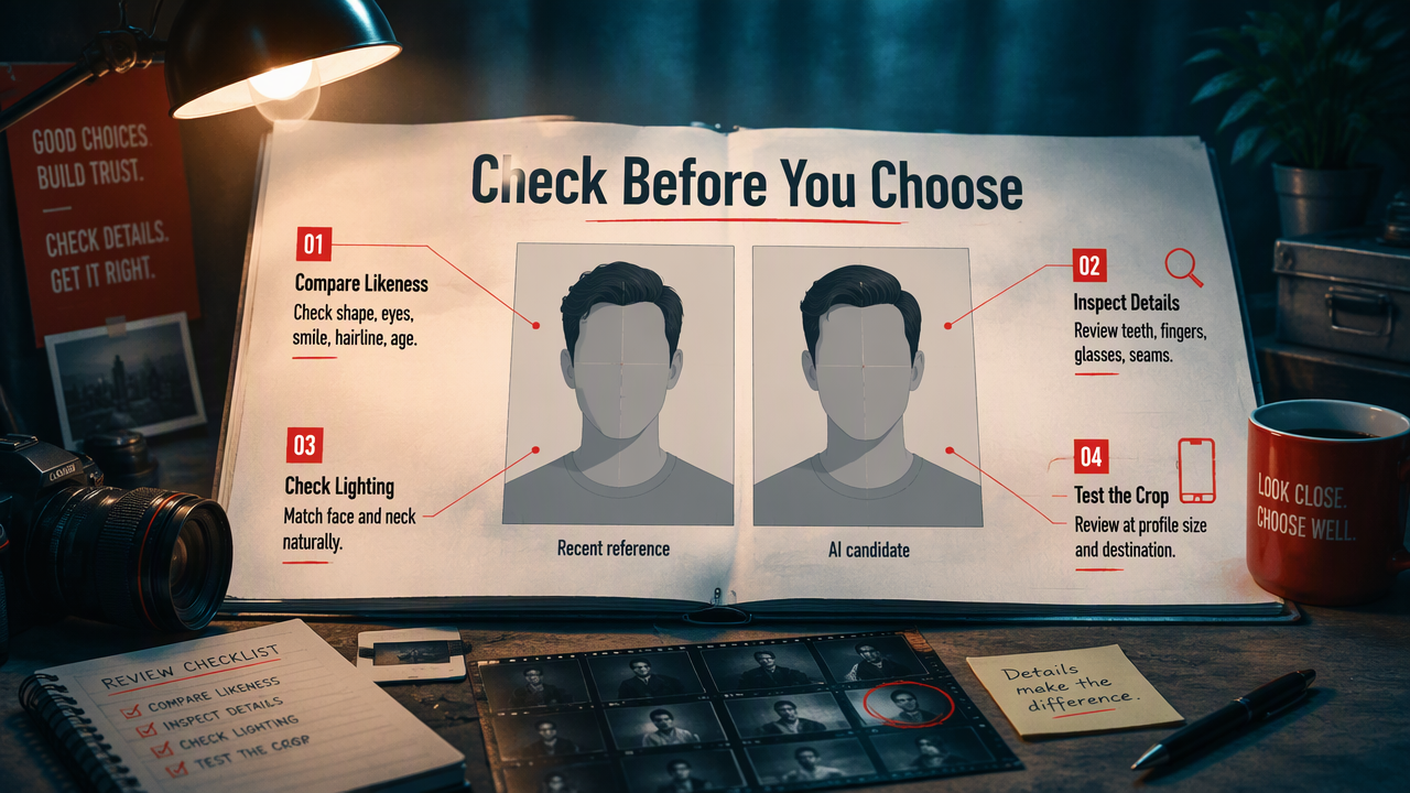 A reference-and-candidate photo review diagram checks likeness, physical details, lighting, and profile-size crop.