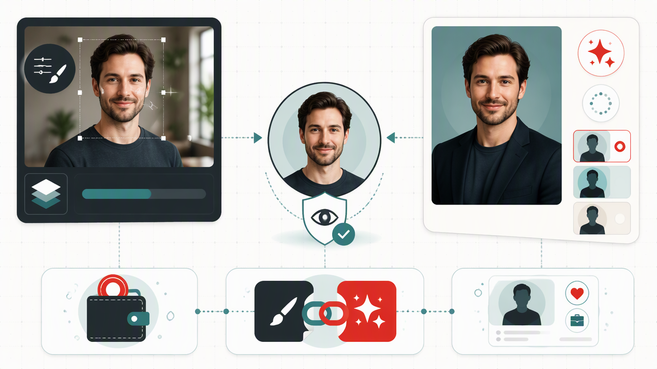 A visual comparison of manual GIMP photo edits and AI portrait styling, converging on a credible, recognizable profile photo.