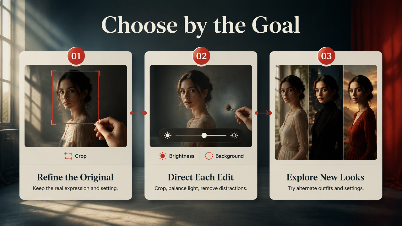 Infographic comparing GIMP’s precise photo refinements with AI portraits for exploring new looks and settings.