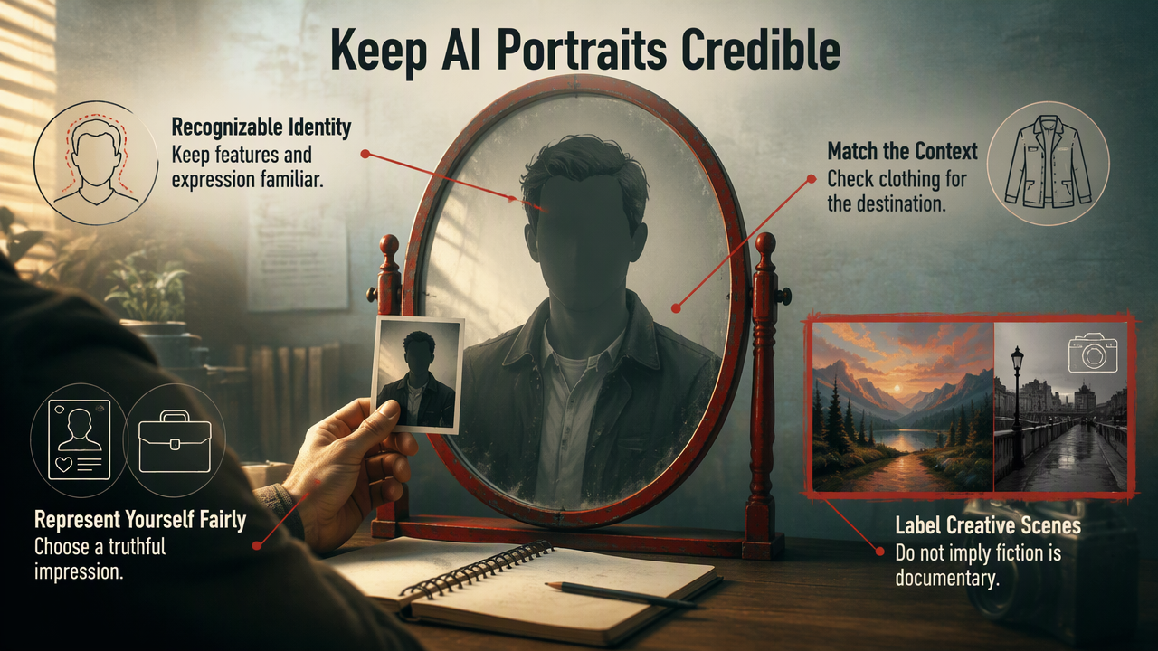 Annotated guide to checking identity, expression, clothing, and context in AI-generated profile portraits.
