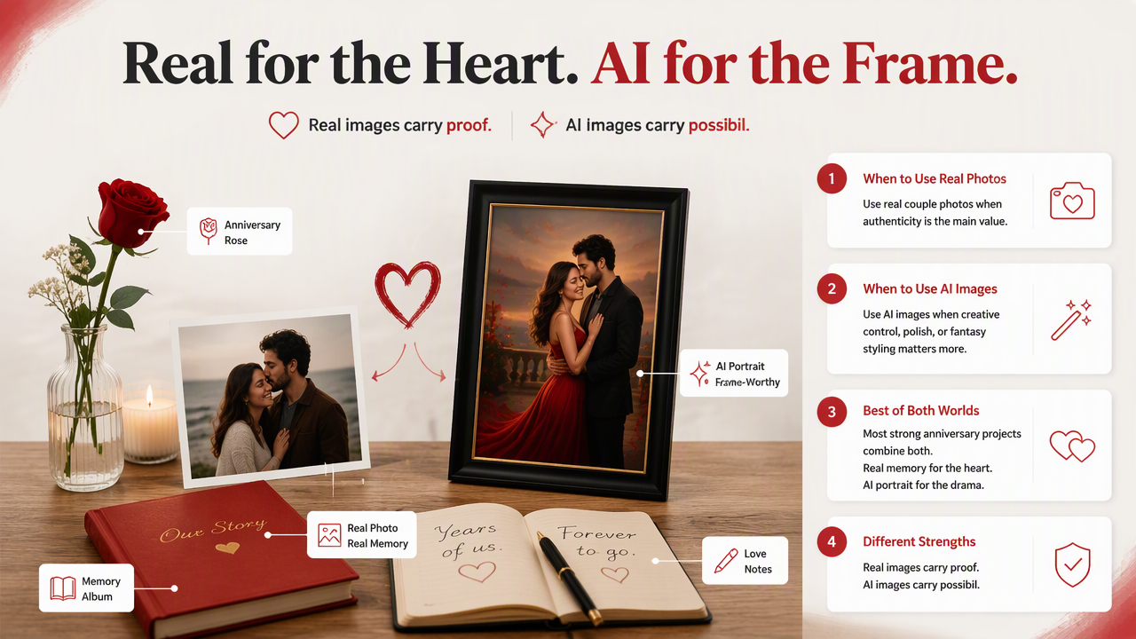 Illustration for When should you use AI photos versus real couple photos?