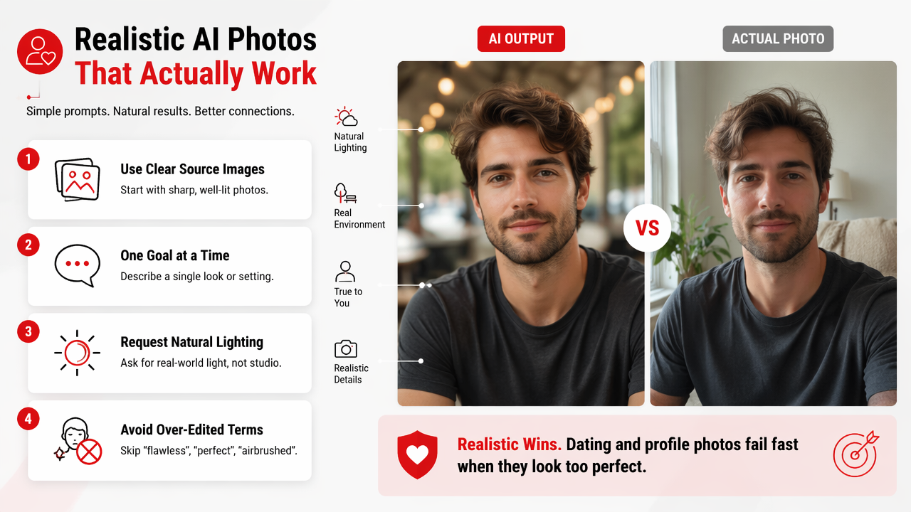 Illustration for How do you make AI photos look attractive but real?