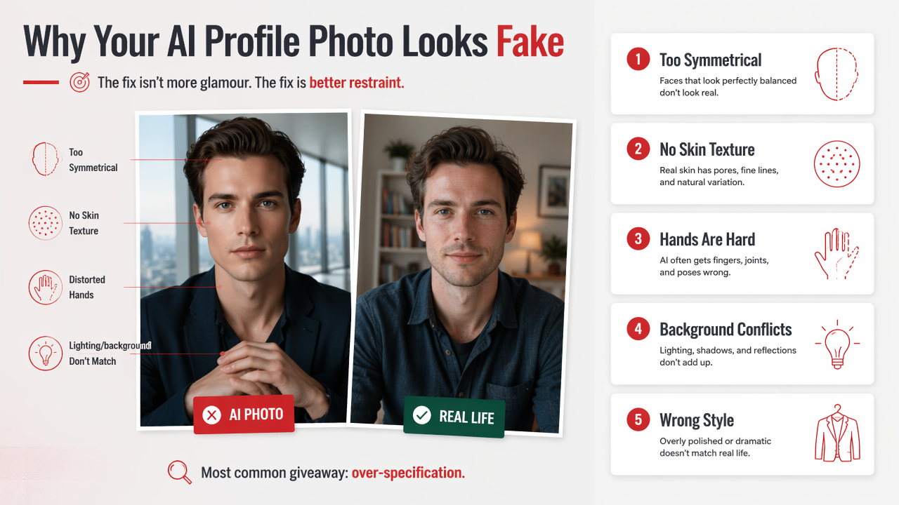 Illustration for What mistakes make AI profile photos look fake?
