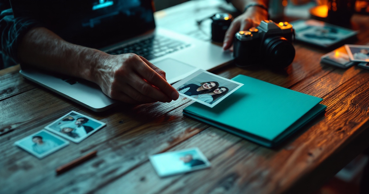 Hands reviewing personal photos and privacy choices before uploading to an AI photo tool