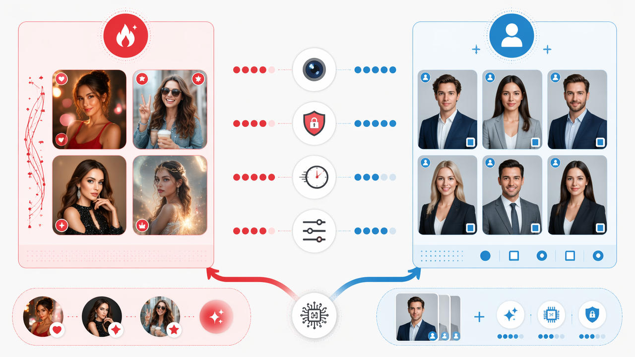Side-by-side infographic comparing HotphotoAI and ProfilePicture.ai, showing expressive personal photo styles versus clean professional headshot packs with comparison icons for realism, privacy, speed, and control.