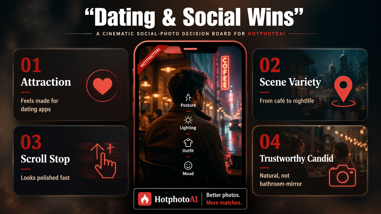 Infographic comparing dating photo strengths for HotphotoAI with posture, lighting, and scene variety.