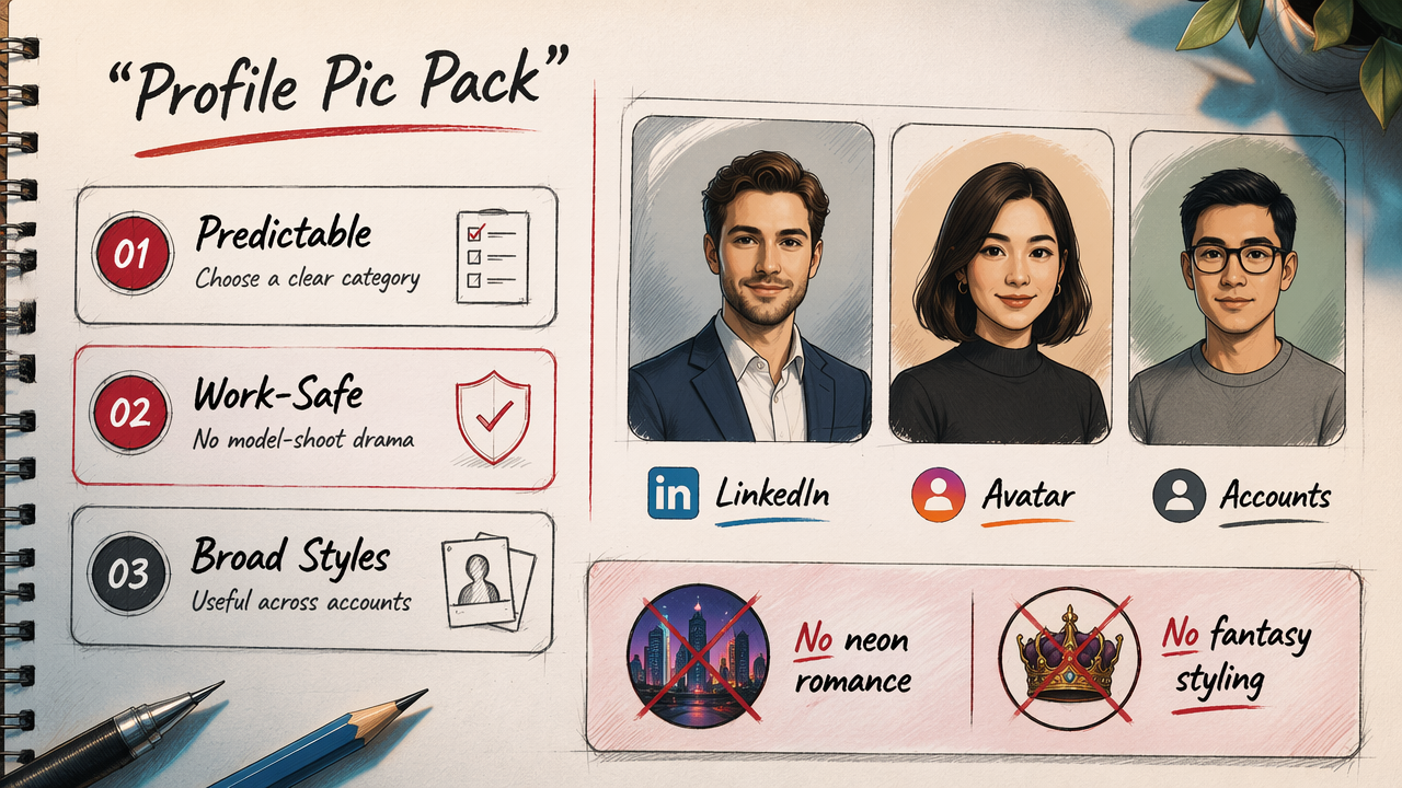 Annotated diagram showing ProfilePicture.ai as a work-safe profile picture pack with broad avatar styles.