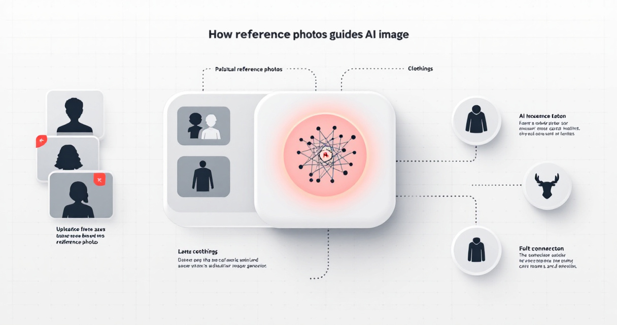 Infographic showing reference photos flowing into an AI model and producing varied AI portrait outputs.