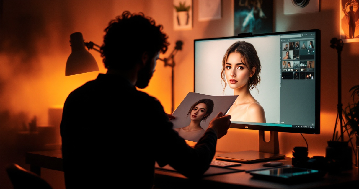 Reference photo guiding an AI portrait generation on a studio monitor